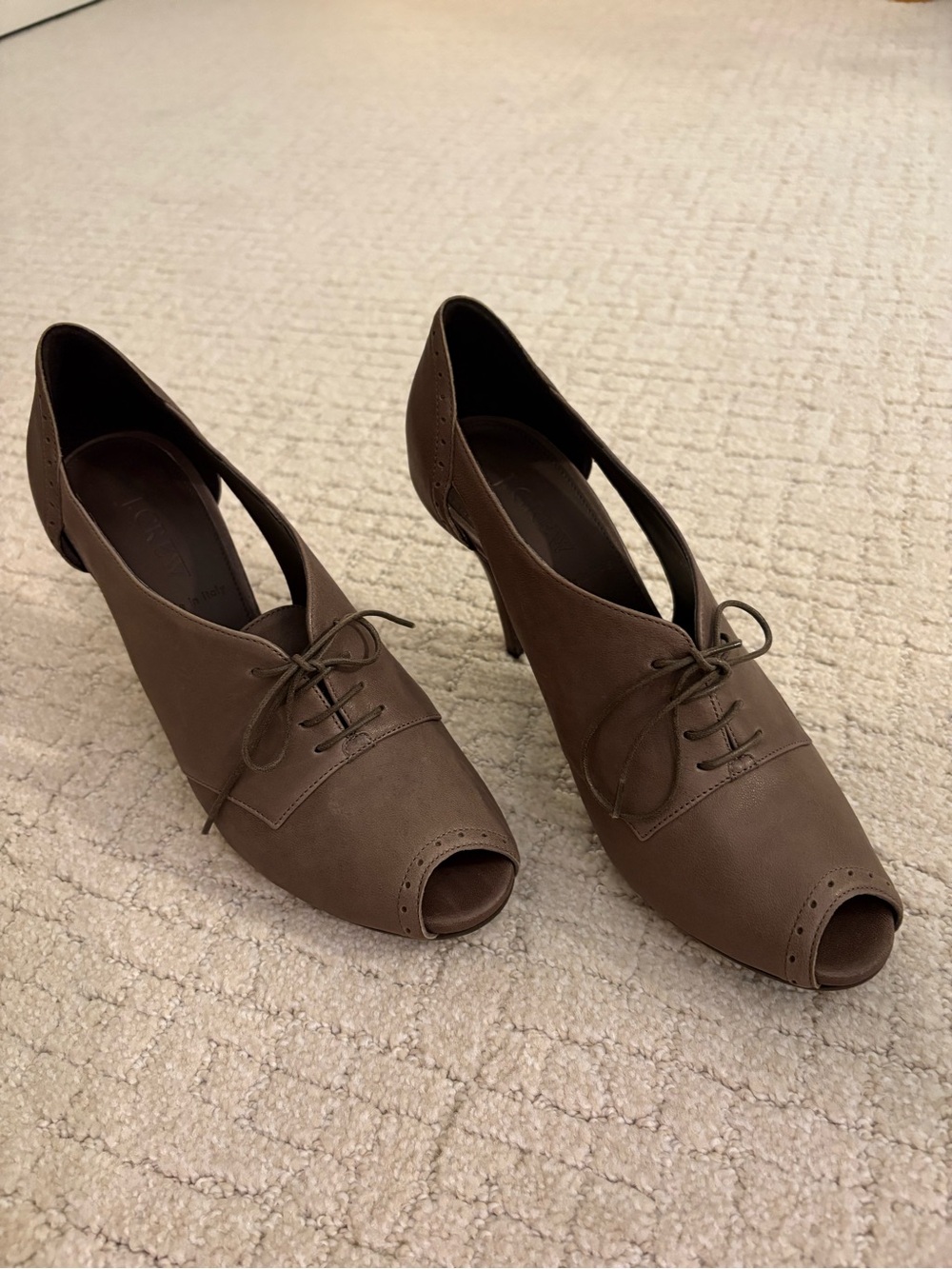 J. Crew Brown Peep-Toe Lace-Up Heels